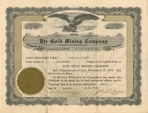 Ute Gold Mining Co. - Mining Stock Certificate